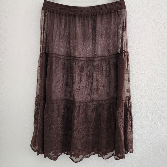 y2k Women Whimsigoth Skirt L-1XL Brown Lace Steampunk Tiered Maxi Skirt Grunge - Picture 9 of 9